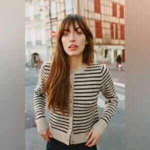 Zara Tan & Navy Stripped Cardigan Sweater with Gold Buttons Size Medium